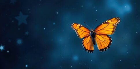 Close-up of a single flying butterfly against dark sky with stars, flying, silhouette