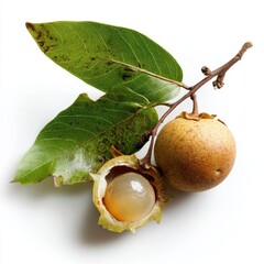 Obraz premium Longan fruit with green leaves, close-up shot showing a delicious, healthy snack