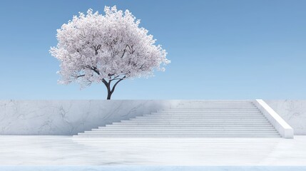 Fototapeta premium Serene winter landscape solitary tree white blossoms minimalist nature scene