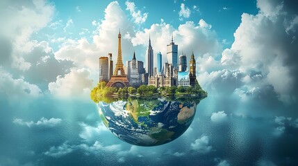 Enchanting World Travel Concept with Floating Earth and Cultural Landmarks