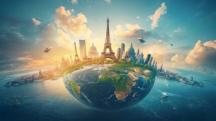 Inspiring Travel Concept Featuring Vibrant Surreal Globe Orbited by World Landmarks
