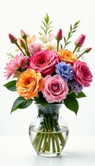 Bouquet of assorted colorful flowers arranged in a vase on a white background, florals, arrangement art