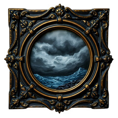 Stormy Seascape in Antique Frame with Dramatic Weather and Dark Skies