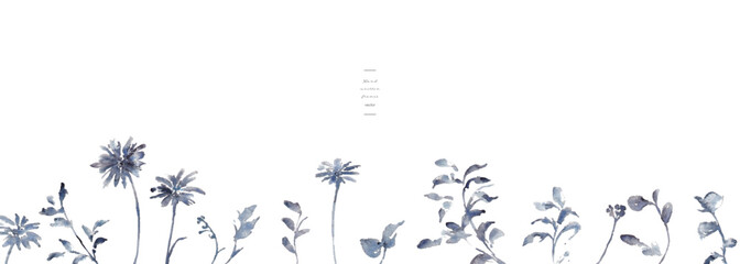 水彩画。水彩タッチののモノクロベクター草木イラスト。シンプルな草木装飾フレーム。Watercolor painting. Black and white vector illustration of plants and trees with watercolor touch. Simple grass tree decorative frame.