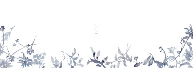 水彩画。水彩タッチののモノクロベクター草木イラスト。シンプルな草木装飾フレーム。Watercolor painting. Black and white vector illustration of plants and trees with watercolor touch. Simple grass tree decorative frame.