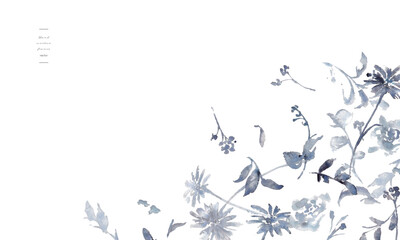 水彩画。水彩タッチののモノクロベクター草木イラスト。シンプルな草木装飾フレーム。Watercolor painting. Black and white vector illustration of plants and trees with watercolor touch. Simple grass tree decorative frame.