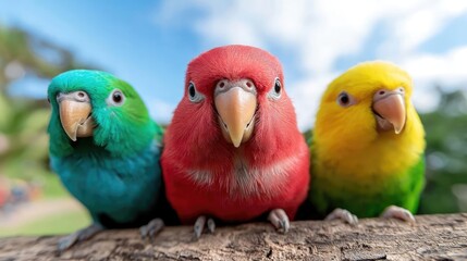 Fototapeta premium Three colorful parrots close up view cheerful and playful birds