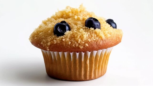 Close-up of a delicious blueberry muffin with a crunchy crumble topping, perfect for breakfast concept photography for food blogs, recipe websites, and bakery menus