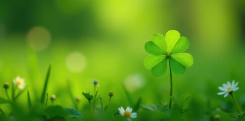 Vibrant green four-leafed clover in a lush meadow among wildflowers , grasslands, flora, wildflowers