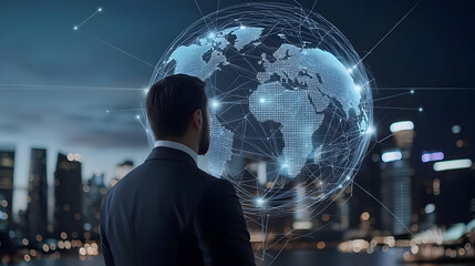 Businessman In Dark Suit Examining Holographic Globe With Futuristic Data Network In Front Of City Skyline At Night
