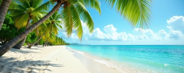 A lone palm frond is swept away by the breeze on a tranquil tropical beach with swaying coconut palms, palm tree, coconut, tropical