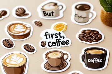 Sticker set featuring coffee cups, beans, and motivational quotes on a soft brown background for coffee lovers and enthusiasts