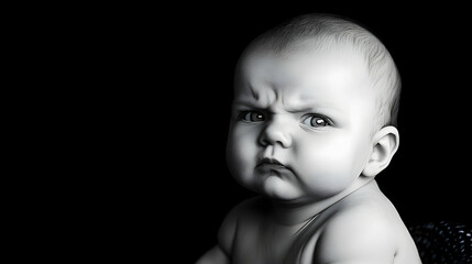 Monochrome Portrait Of An Infant With A Frowning Expression And Textured Skin Against A Black Background
