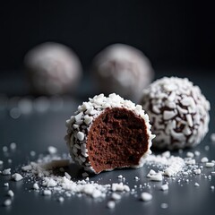 Chocolate truffles coated in white sprinkles, with a bite taken out, set against a dark background