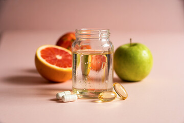 Still Life With Fruits Supplements And Water For Healthy Lifestyle