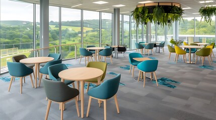 Fototapeta premium Modern, light-filled communal dining area with panoramic views.