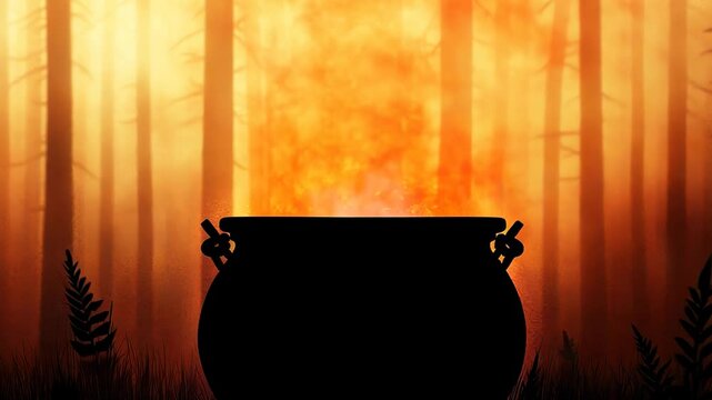 A silhouette of a cauldron surrounded by flames contrasts against the enchanting forest backdrop. This mysterious scene evokes feelings of magic and intrigue, perfect for fantasy themes.