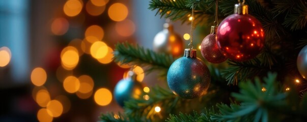Obraz premium Christmas tree with blurred shiny lights and ornaments, colorful, blurred
