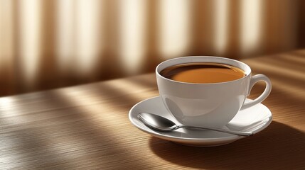A steaming cup of coffee on a table, bathed in sunlight