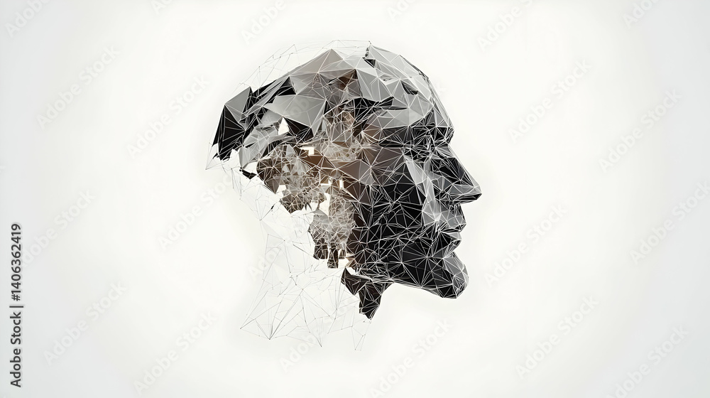 Poster abstract digital art depicting a disintegrating man's face composed of pixels and particles against 