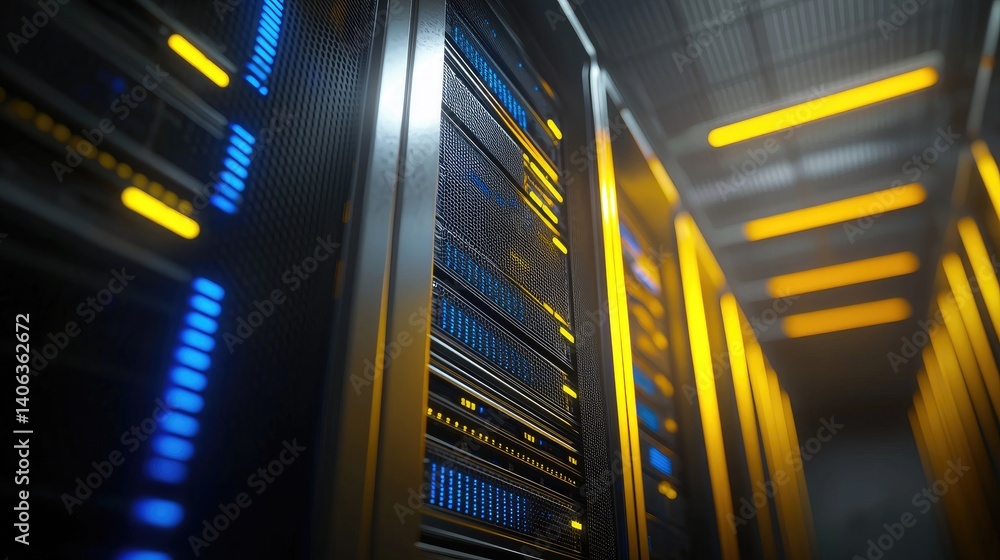 Poster modern server room with glowing blue and yellow lights on metallic racks under a high-tech ceiling. 