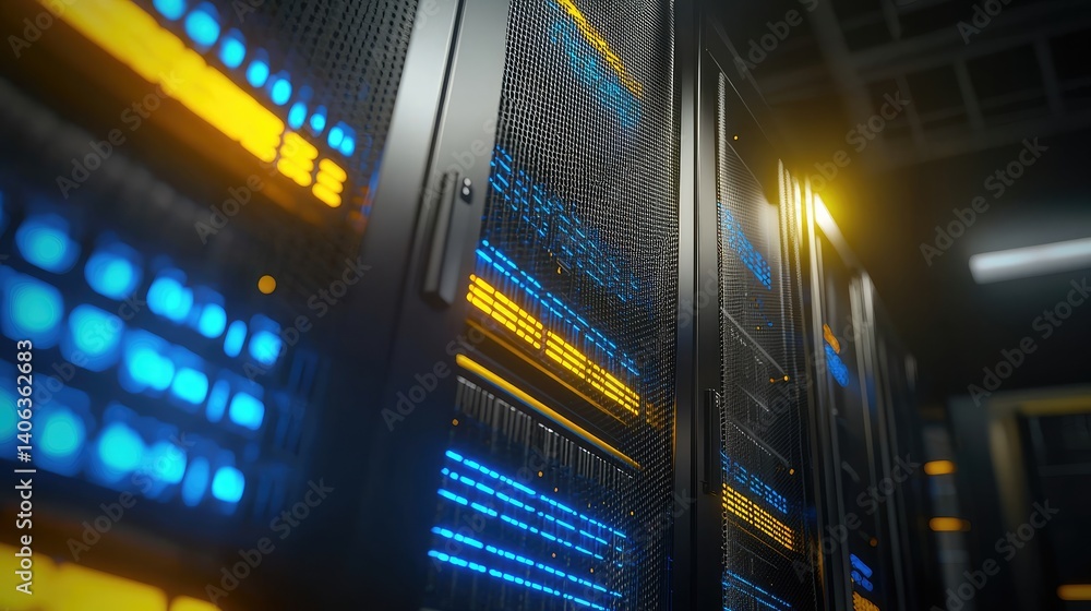 Aufkleber Close-up of a glowing server rack with blue and yellow LED lights in a dimly lit data center. Ideal for illustrating cybersecurity, IT systems, and tech infrastructure