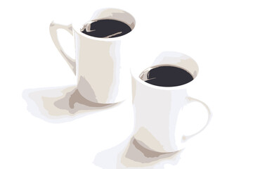 淹れたてのコーヒーが入ったふたつのマグカップで、ふたりがコーヒーを飲みながら、打ち合わせをしているイメージ
