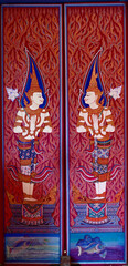 BANGKOK, THAILAND - April 14, 2025 : Closeup of Beautiful Thai Ornament Background on the Thai Temple door in Bangkok, Thailand.