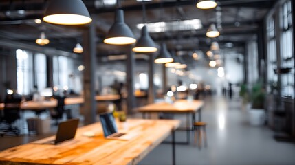 Blurred coworking space with open desks, laptops, and industrial lighting