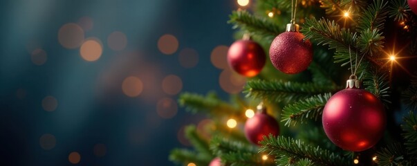 Fototapeta premium Christmas Tree With Sparkling Lights And Baubles, decorated tree, joyful ambiance