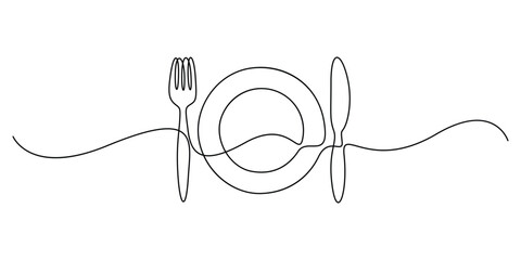 Obraz premium Single continuous line drawing of plate, knife, spoon and fork vector illustration