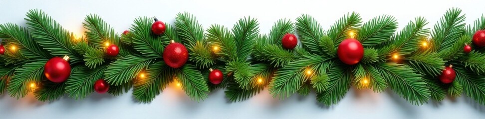 Fototapeta premium evergreen coniferous branch arrangement with garlands and festive lights forming a seamless Christmas border, border, evergreen, christmas