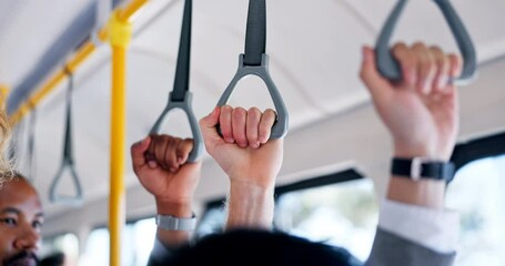 People, hands and rail with handle on bus for public safety, transport or security on vehicle in city. Closeup, passengers or commute with grip or strap in transportation for road trip or travel - Powered by Adobe