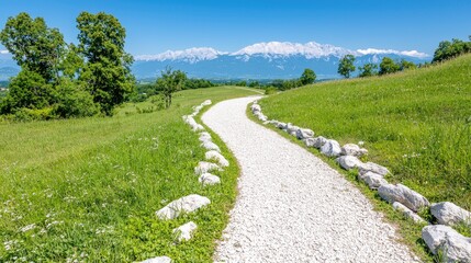 Obraz premium Winding path through lush green landscape serene nature scene for travel and wellness