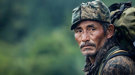 Obraz premium Close Up Portrait of a Mature Asian Male Hiker with Camouflage Outfit in Nature
