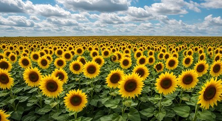 Obraz premium A beautiful landscape showcases a vibrant field of sunflowers under a bright, sunny sky.