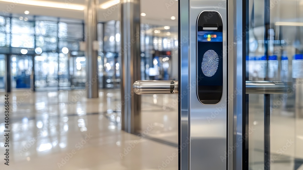 Poster A close up view of a fingerprint sensor installed on a glass door enabling secure biometric authentication for access control to a commercial building
