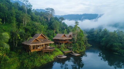 Fototapeta premium Lush wooden bungalows nestled on a tranquil river bank in a tropical rainforest.