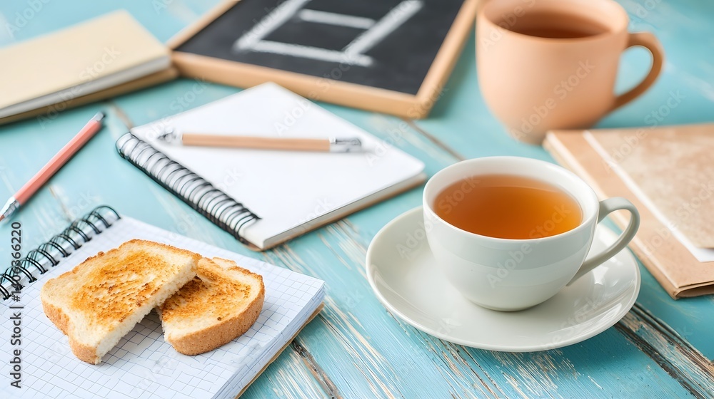 Poster A close up view of a warm cup of tea slices of golden toast and various educational tools like a notebook and chalkboard on a minimalist pastel colored desk