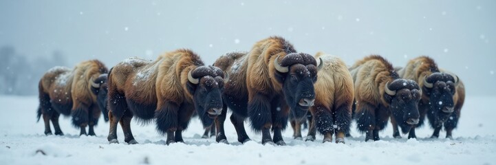 Muskoxen huddled together in snowstorm, landscape, cold