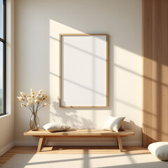 japandi vertical frame mockup, living room wall with glass reflection, neutral modern style, wooden bench, square 3d render interior
