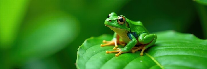 Naklejka premium green frog resting on a lush green leaf cluster , green, plant