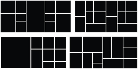 Set of photo collage grid art frame mockup template. Contemporary multi picture album background with mosaic and rectangular shapes collection. Artistic web layout and versatile portfolio composition.