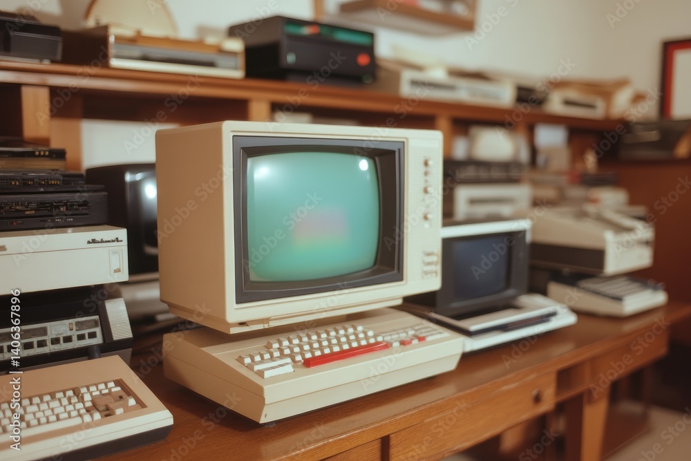 Poster vintage computer collection old technology retro style desktop computing