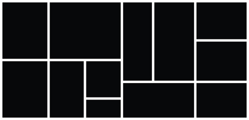 Photo collage grid wall art frame mockup template. Contemporary multi picture album background with mosaic and rectangular shapes. Artistic web layout and versatile portfolio composition.