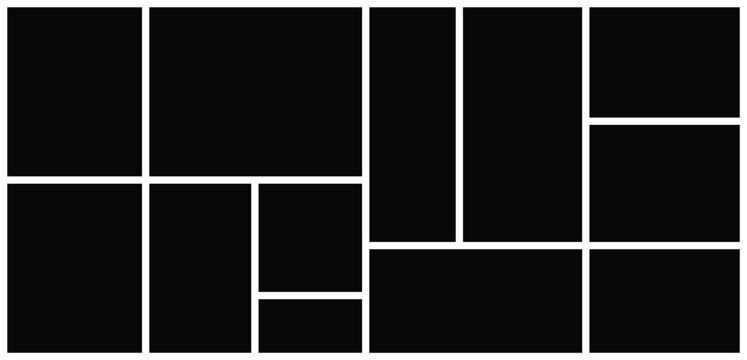 Photo collage grid wall art frame mockup template. Contemporary multi picture album background with mosaic and rectangular shapes. Artistic web layout and versatile portfolio composition.