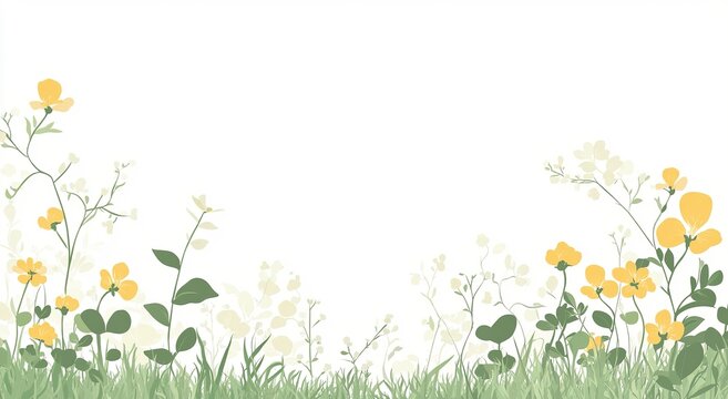 Hand-drawn background featuring yellow flowers and green grass, used for children’s room wallpaper, children’s educational institutions, and social media promotion.