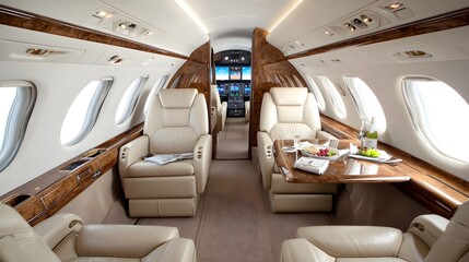 Obraz premium A high end private jet cabin featuring plush leather recliners a wood finished table and panoramic for a comfortable and exclusive travel experience