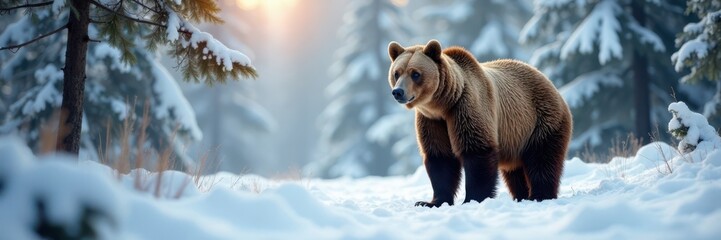 Obraz premium Arctic brown bear stands alone in snow-covered forest, northern lands, animals