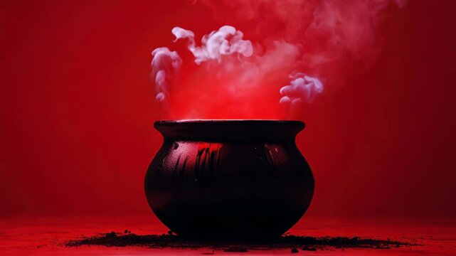 A captivating image of a black cauldron emitting steam against a vibrant red background. Perfect for Halloween themes, mystical artwork, or creative projects.